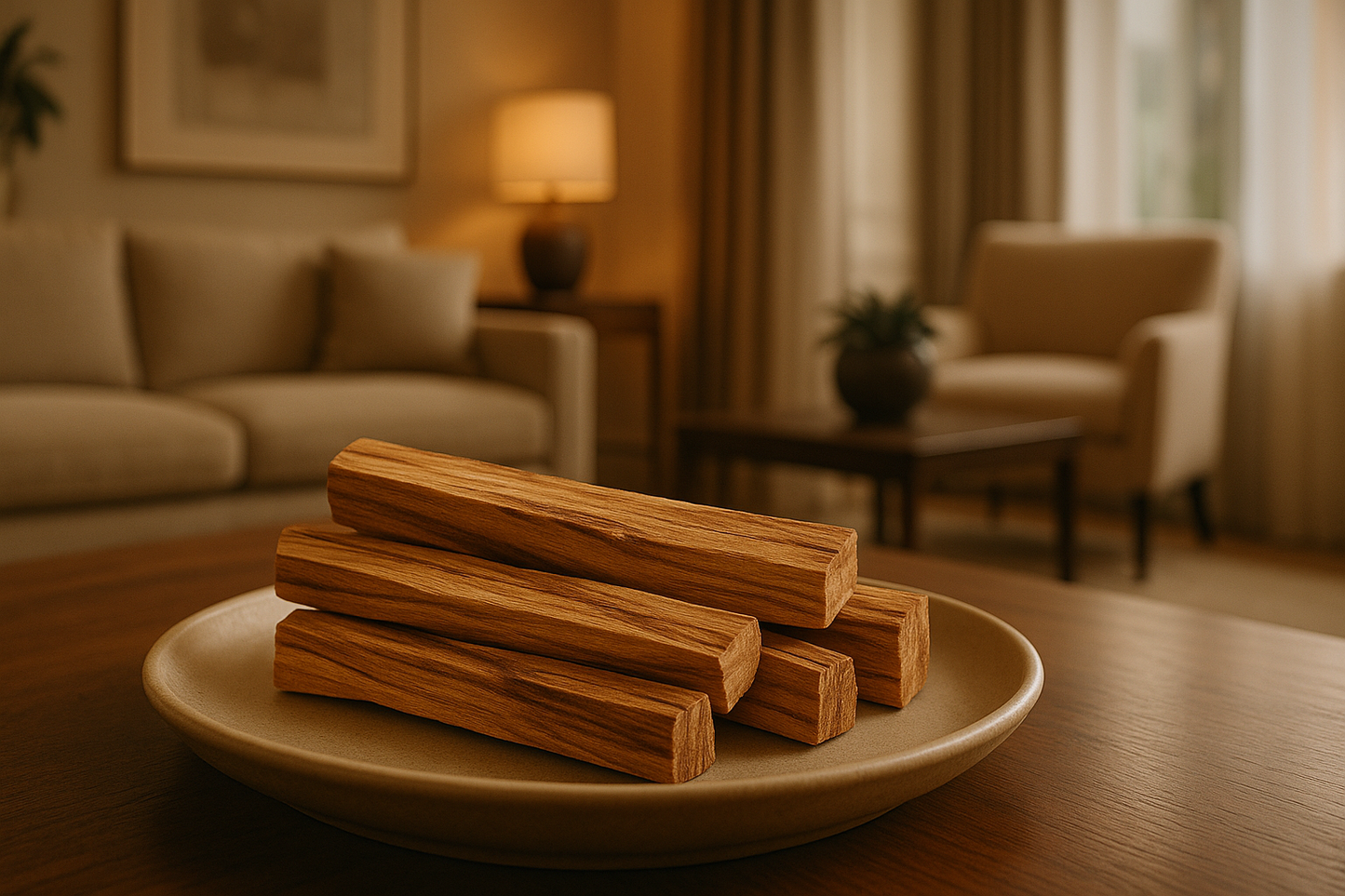5 palo santo sticks in a luxurious home sitting on a fire resistant plate